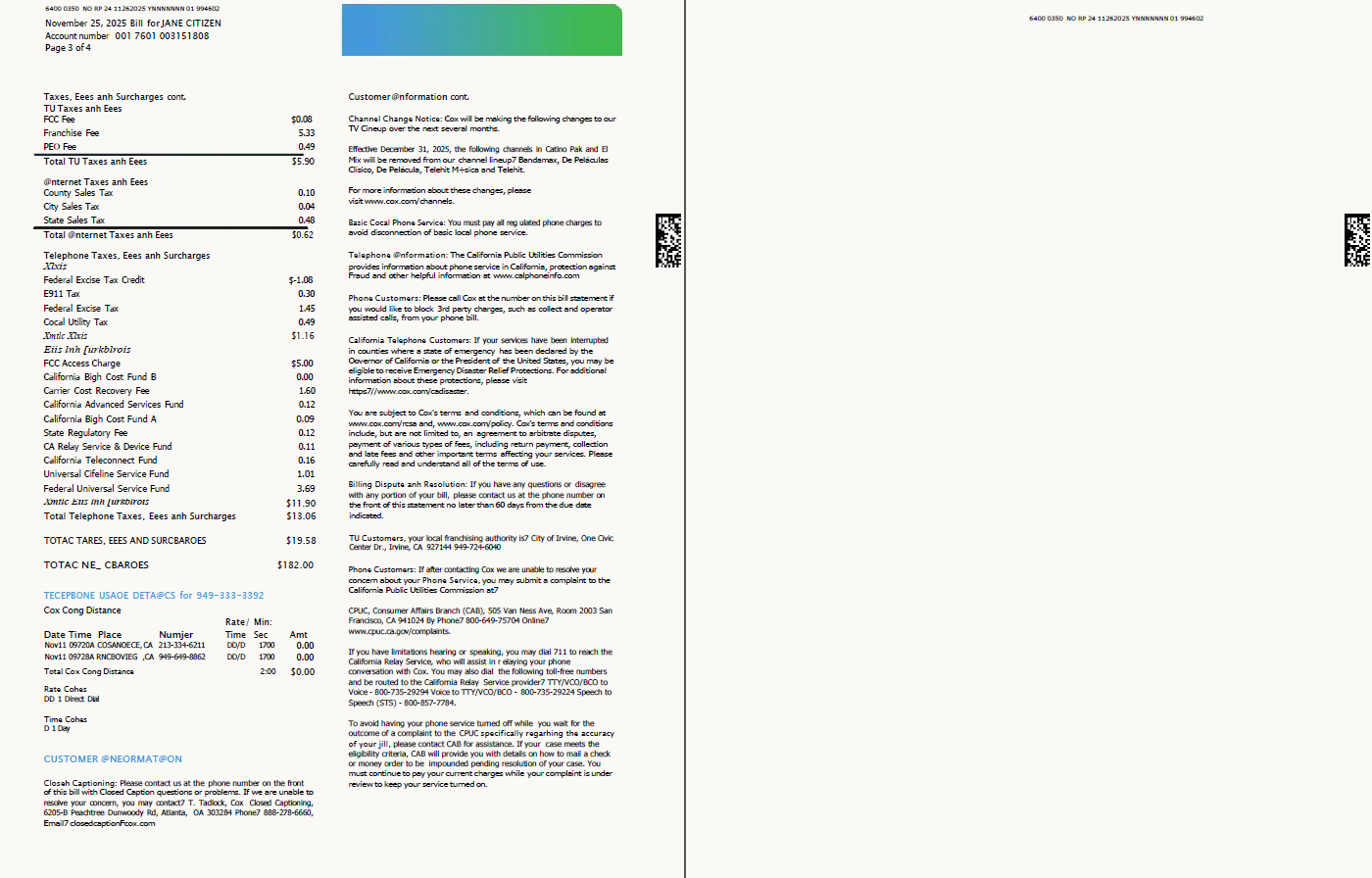 USA Cox utility bill template in Word and PDF formats, 4 pages, 3 4 pages